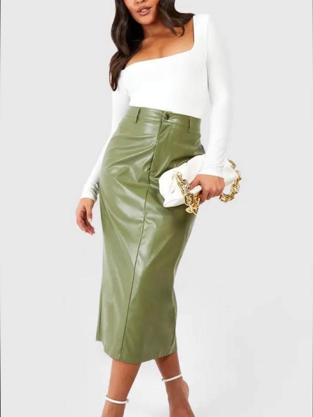 Boohoo Olive Green Faux Leather Midi Pencil Skirt